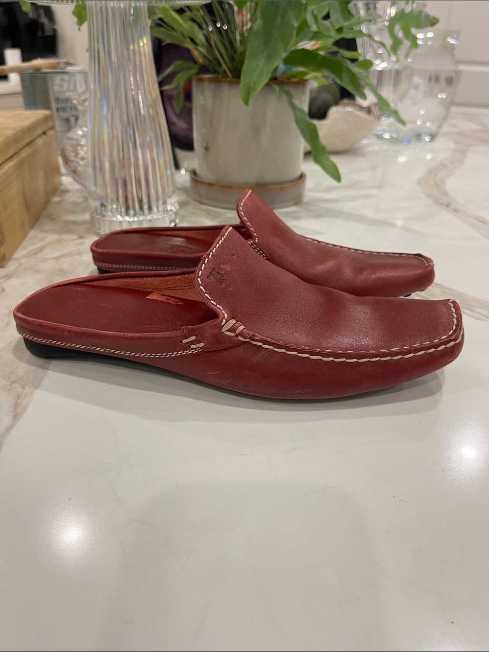 Tods Red Leather Slip-On Driving Mule Loafers